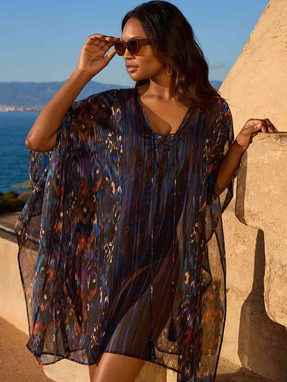 Miraclesuit Swim Cover Up Kaftan Sheer Metallic Gold Stripes Abstract Ikat Blue